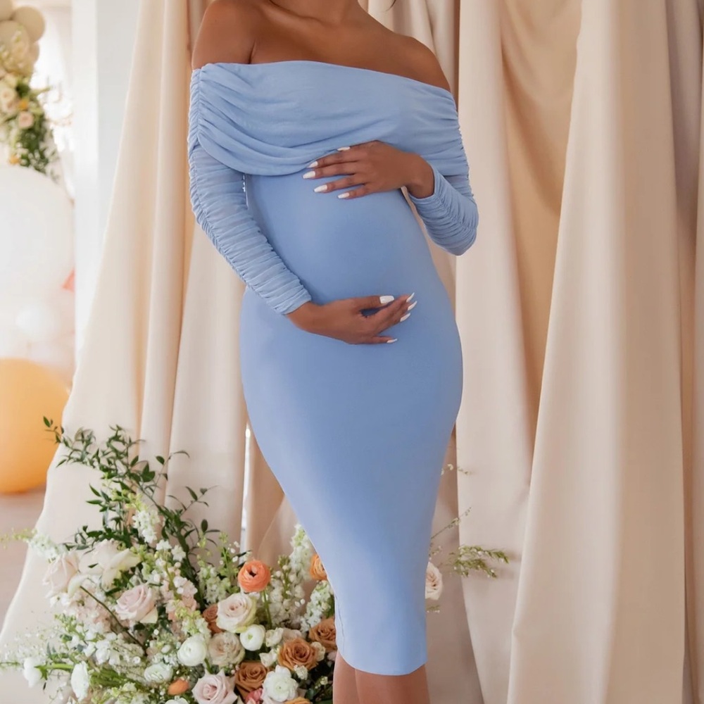 Club L London Powder Blue Off-Shoulder Ruched Midi Dress